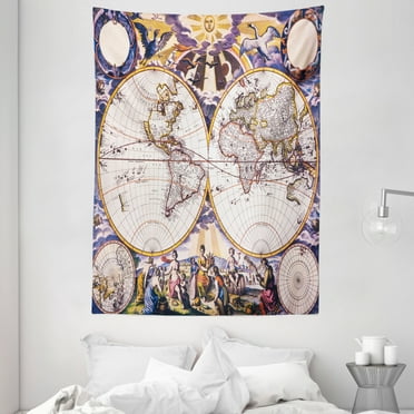World Map Tapestry, Antique Map with Farmers Field Sun Birds Clouds Fantasy Sky in Old Painting Style, Wall Hanging for Bedroom Living Room Dorm Decor, 60W X 80L Inches, Multicolor, by Ambesonne