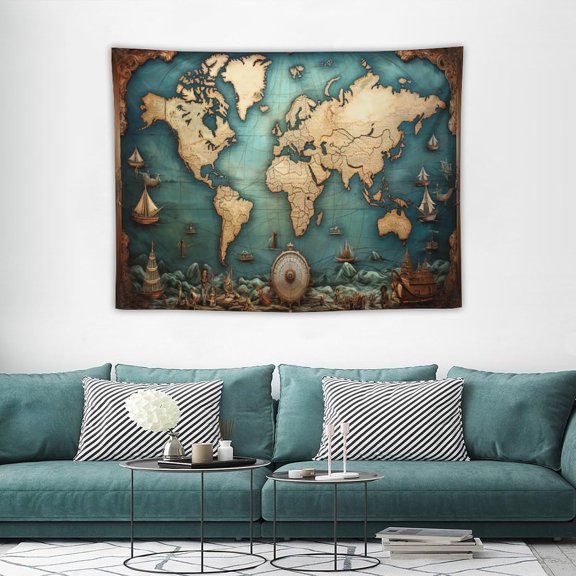 World Map Tapestry Blue Ocean Antique Frame Compass Sailboat Vintage Illustration Tapestry Wall Hanging for Living Room Bedroom Dorm Classroom Museum Aesthetic Decor W40xL30in