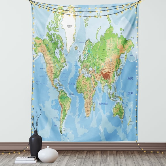 World Map Tapestry, Topographic Map of the World Continents Countries Oceans Mountains Educational, Wall Hanging for Bedroom Living Room Dorm Decor, 40W X 60L Inches, Multicolor, by Ambesonne