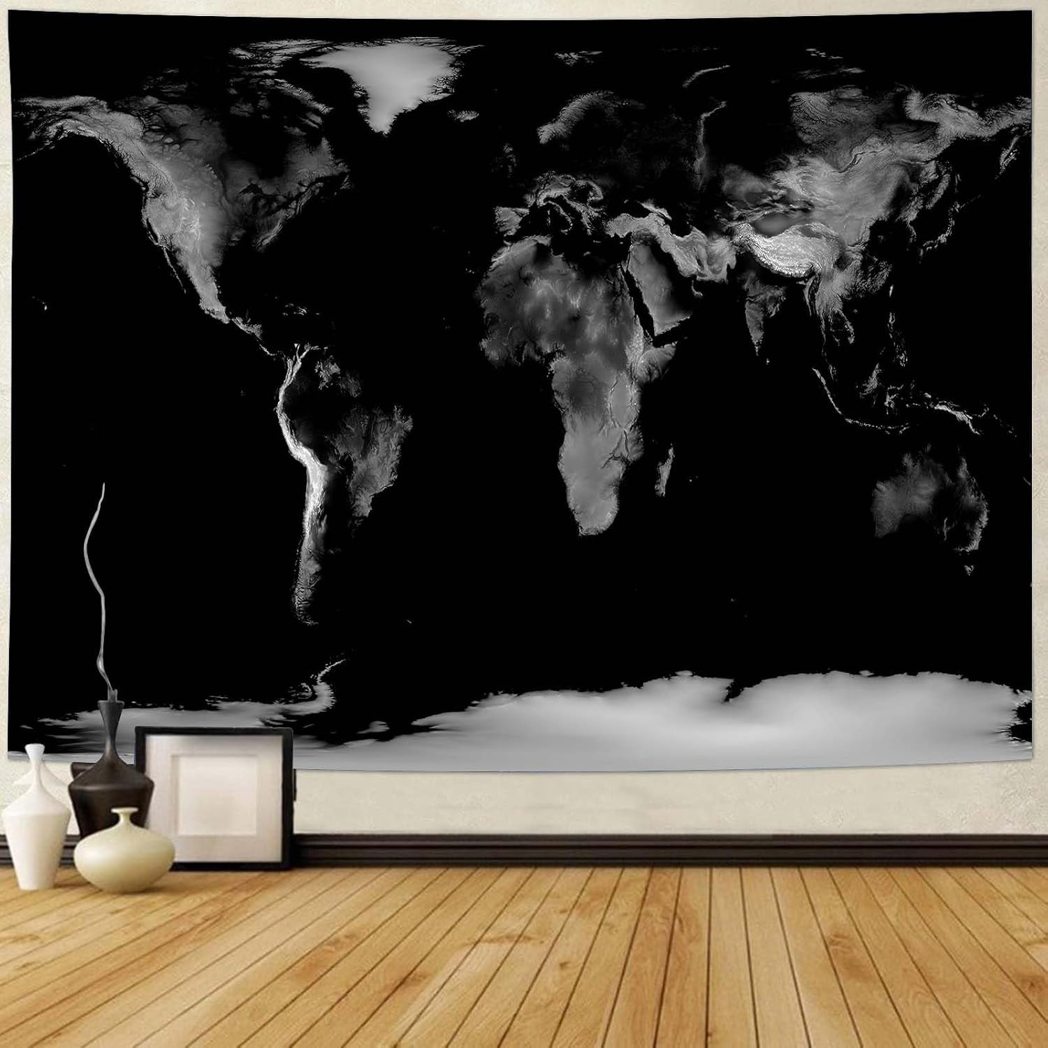 World Map Tapestry Wall Hanging Black Map of the World Tapestry ...