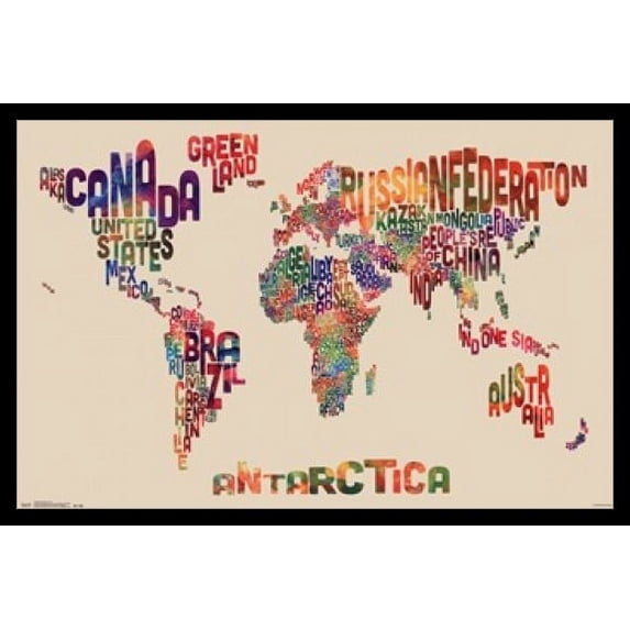 World Map - Text Laminated & Framed Poster Print (34 x 22)
