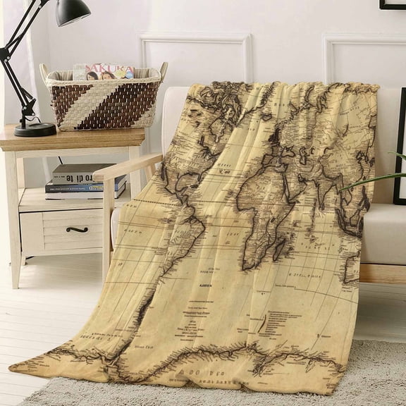 World Map Throw Flannel Blanket 40x60In Retro Yellow Plate Line Abstract Super Soft Cozy Bed Blanket, Lightweight Plush Fuzzy Bed Throw for Bedroom Sofa Couch Living Room