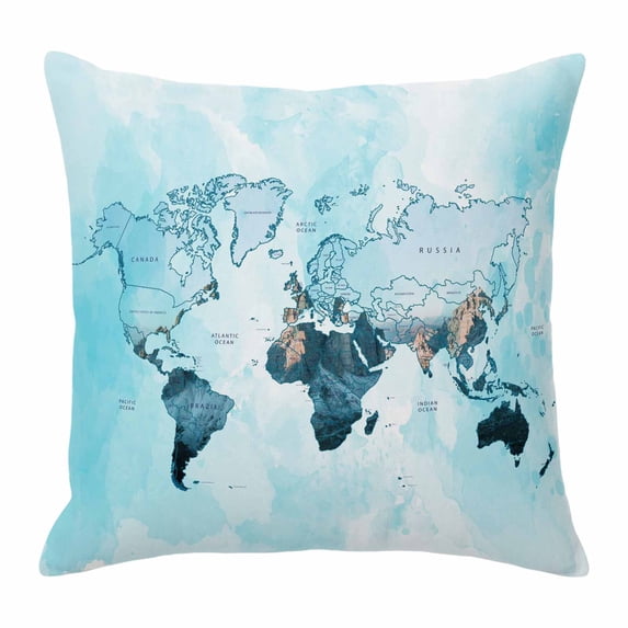 World Map Throw Pillow Cover Blue Map Abstract Cotton Linen Cushion Cover Throw Pillow Case with Invisible Zipper for Couch Sofa Bed Chair Car 18x18 Inch