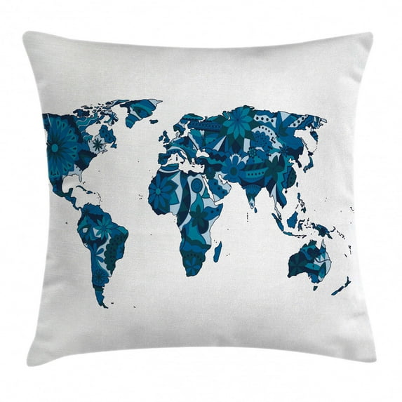 World Map Throw Pillow Cushion Cover, Lilac Flowers Covered Earth Continents Unusual Eco Plants Globe Display, Decorative Square Accent Pillow Case, 20 X 20 Inches, Dark and Violet Blue, by Ambesonne