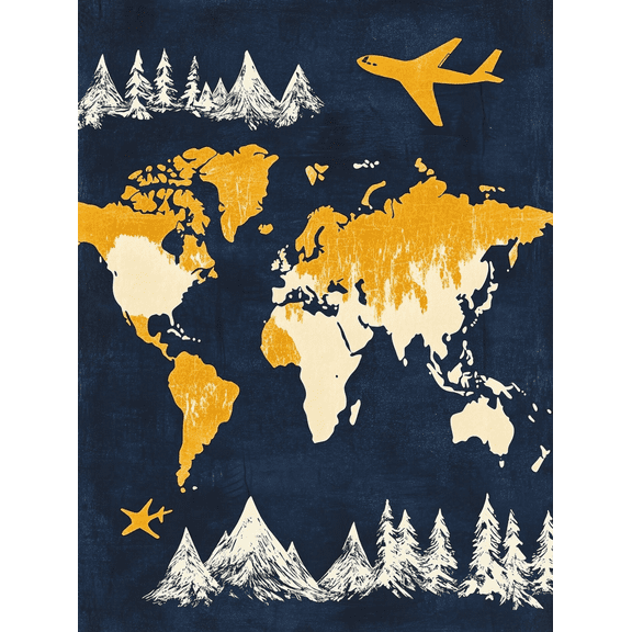 World Map Travel Airplane Mountains Canvas Print Wall Art Decor Perfect for Living Room Bedroom Office Study and Hallway.