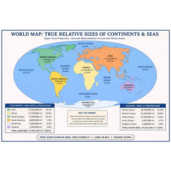 World Map: True Relative Sizes of Continents & Seas Poster - Educational Equal-Area Projection 【Poster Paper】