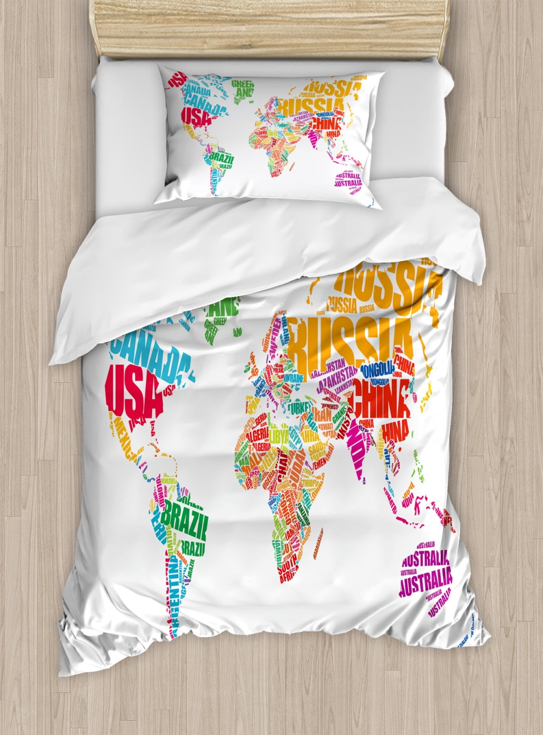 World Map Twin Size Duvet Cover Set, World Map with Names of the ...