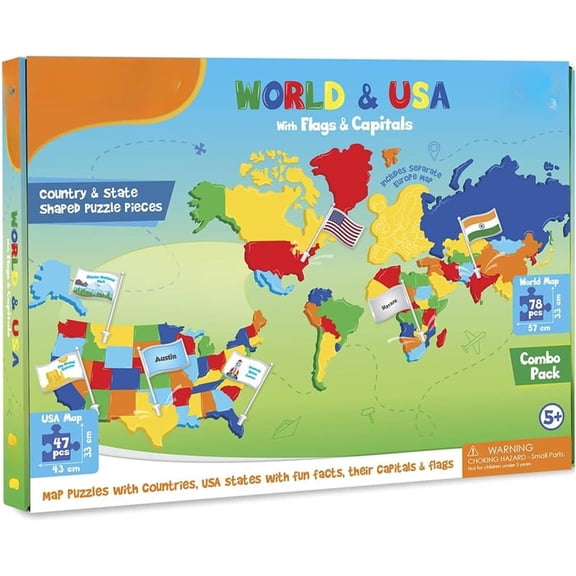 World Map & USA Map Puzzle Set, 3-in-1 Geography Foam Puzzle with Flags, Capitals, Country & State Pieces, Europe Map, Educational Learning Activity for Ages 5+