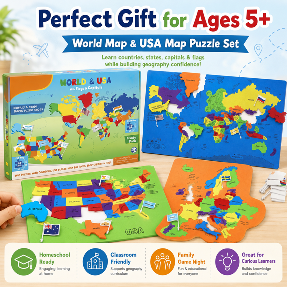 World Map & USA Map Puzzle Set 3 in 1 Geography Learning Puzzle with World Countries, US States, Europe Map and Flag Matching Activity