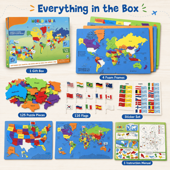 World Map & USA Map Puzzle Set Educational Map Puzzle Combo with Flags, Capitals, Continents, Oceans, States and Countries for Screen Free Learning