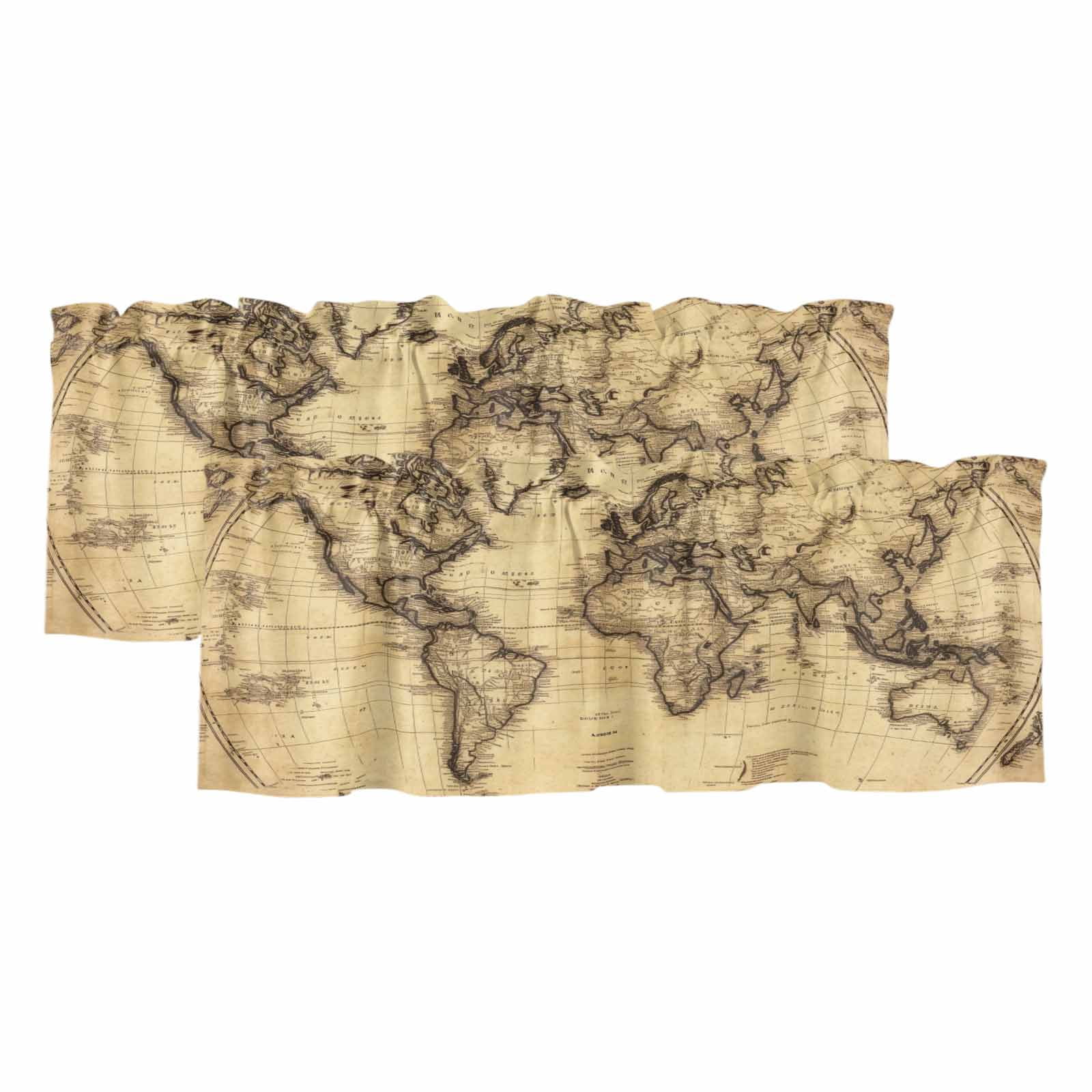 Window Map Rod World Map Valances for Windows 2 Panels Retro Yellow Plate Line ...