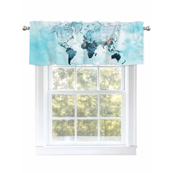 World Map Valances for Windows Blue Map Abstract Rod Pocket Curtains Valance Short Window Treatment Drapes for Living Room, Bedroom Bathroom 60"&nbsp;W x 14" L