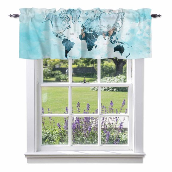 World Map Valances for Windows, Blue Map Abstract Valance Window Treatment Rod Pocket Short Curtains Valances for Kitchen Bathroom 54"W x 18"L