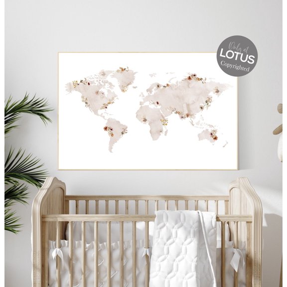 World Map Vintage Botanical Floral Nursery Art