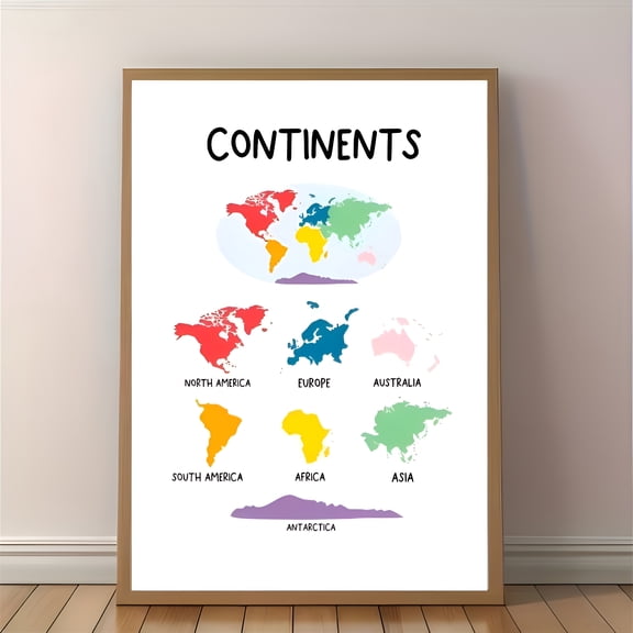 World Map Wall Art Poster, Colorful Labeled Continents Educational Decor for Classroom Home Office, UNFRAMED 8x12