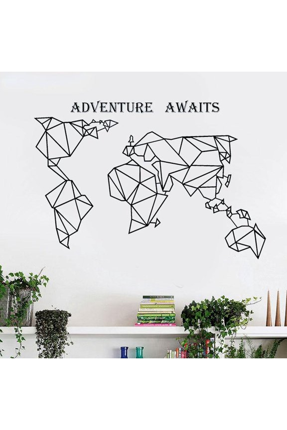 World Map Wall Decal Abstract Art Geometric Compass Vinyl Wall Sticker Home Decor Living Room Office Adventure Awaits Mural 61x42cm