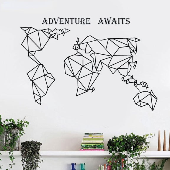 World Map Wall Decal Abstract Art Geometric Compass Vinyl Wall Sticker Home Decor Living Room Office Adventure Awaits Mural 83x57cm