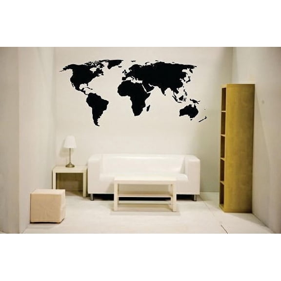 Picniva World Map Graphic Vinyl Wall Decal, Black, Large, Removable Self-Adhesive Home Decor for Living Room Bedroom, Smooth Wall Door Glass Decor