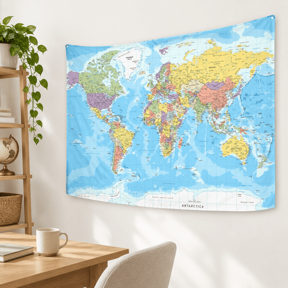 World Map Wall Hanging Tapestry, 40"L x 28"W, Polyester Home Decor