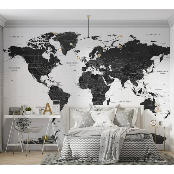 World Map Wallpaper Wall Mural - Black and White Map