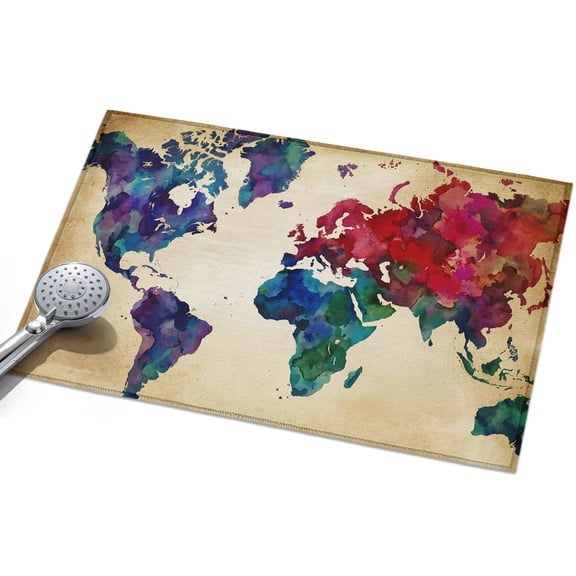 World Map Washable Area Rug 2 x 3 ft Watercolor Splashes Vintage Abstract Map, Soft Non Slip Rugs Stain Repellent Indoor Felt Carpet for Living Dining Room Bedroom Home Office