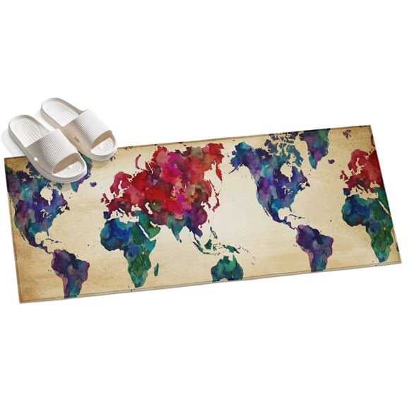 World Map Washable Area Rug 2 x 6 ft Watercolor Splashes Vintage Abstract Map, Soft Non Slip Rugs Stain Repellent Indoor Felt Carpet for Living Dining Room Bedroom Home Office