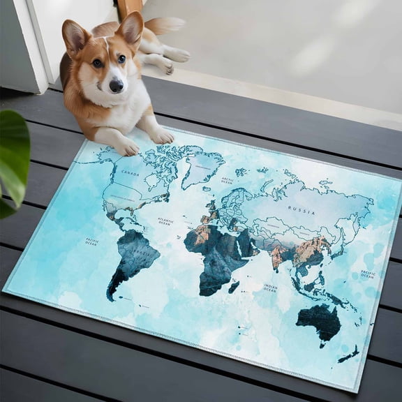 World Map Washable Area Rug 2x3 Blue Map Abstract Low-Profile Area Rugs with Non Slip Backing Indoor Floor Carpet for Entrance Living Room Bedroom Home Office