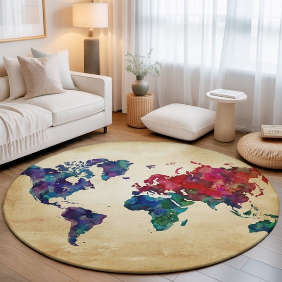 World Map Washable Round Area Rug 3 ft, Watercolor Splashes Vintage Abstract Map, Soft Non Slip Rugs Stain Repellent Indoor Felt Carpet for Living Dining Room Bedroom Home Office