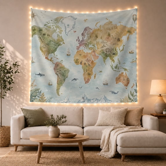 World Map With a Whimsical Watercolor Scene, Playful Illustration for Geography Lovers, Artistic Decor Wall Art, Housewarming Gift, Tapestry Wall Hanging for Bedroom and Living Room