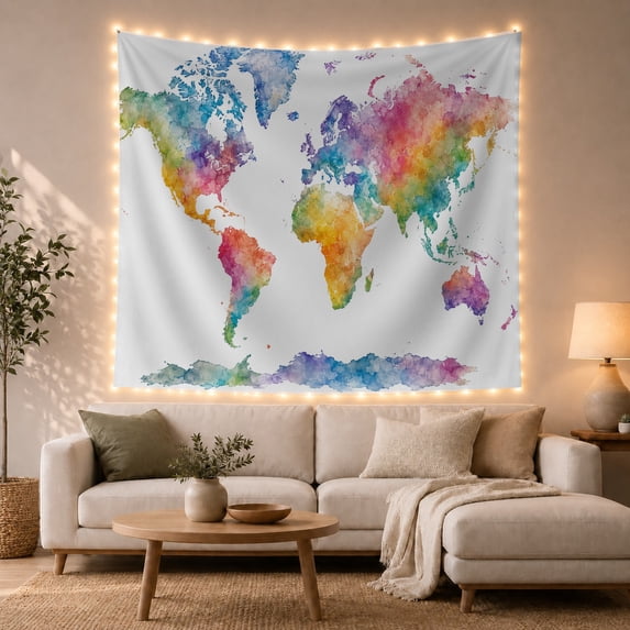 World Map on White with Balanced Color Washes, Adventurous Watercolor for Travel Lovers, Global Wall Art, Housewarming Gift, Tapestry Wall Hanging for Bedroom and Studio