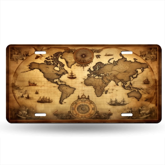 World Map With Old Fashioned Compass And Ships Decorative Signboard, Decorative Metal Plate with 4 Holes, 6x12inch Artistic Plate Frame