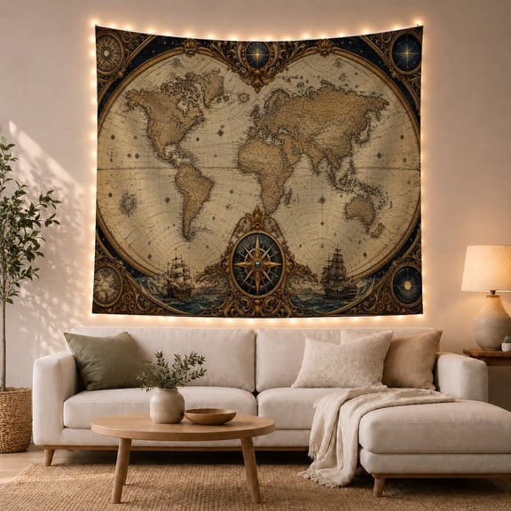 World Map Within Gridded Coordinates and Inset Charts, Adventurous Vintage for History Fans, Nautical Wall Art, Graduation Gift, Tapestry Wall Hanging for Study Room and Den