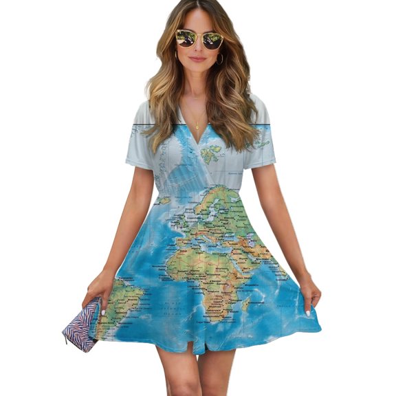 World Map Women Dress V-Neck Short Sleeve Flowy Swing Party Midi Dress