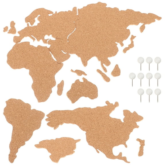 World Map Wooden Board Cork Tiles Pin for Office Travel Khaki