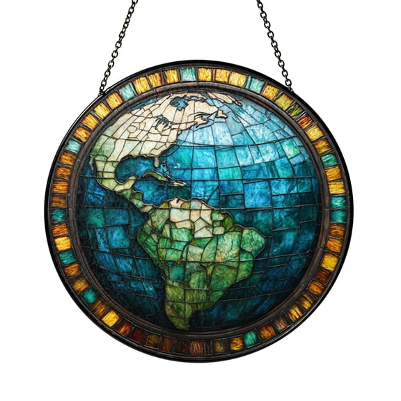 World Map and Earth Design Stained Glass Suncatcher, Travel Inspired Window Hanging Decor, Colorful Glass Style Art Accent
