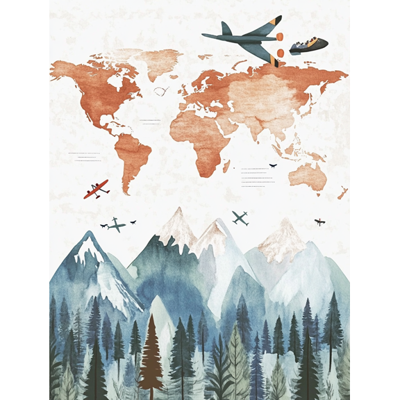 World Map and Mountain Range Watercolor Canvas Print Suitable for Living Room Bedroom Office Study and Hallway Decoration.