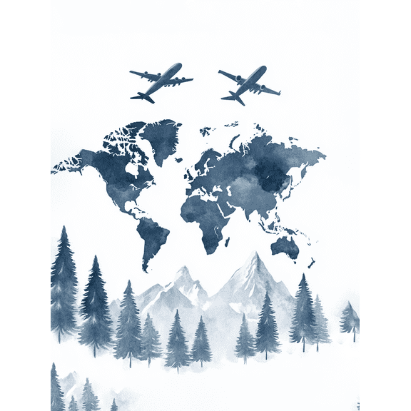 World Map with Airplanes Watercolor Canvas Print Suitable for Living Room Bedroom Office Study and Hotel Decoration.