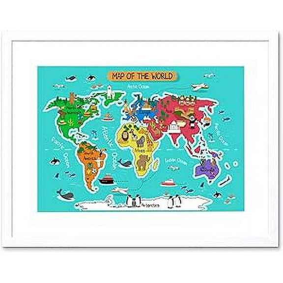 World Map with Landmarks and Animals Art Print Framed Poster Wall Decor 9x7 inch