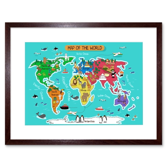World Map with Landmarks and Animals Art Print Framed Poster Wall Decor 9x7 inch
