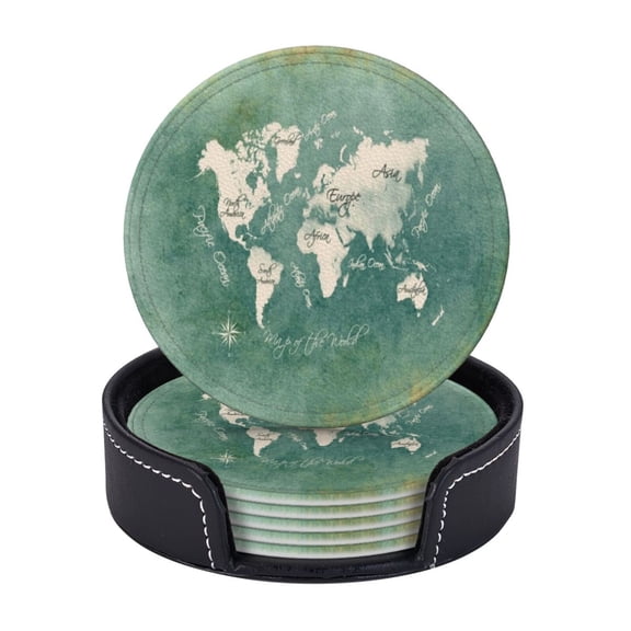 World Maps Leather Coasters With Leather Holder Set Of 6 Round Coasters for Home and Kitchen Decor