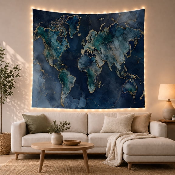World Marbleized Composed with Indigo Midnight Washes, Adventurous Vintage for Nautical Decor Lovers, Wall Decor, Housewarming Gift, Tapestry Wall Hanging for Dorm and Living Room