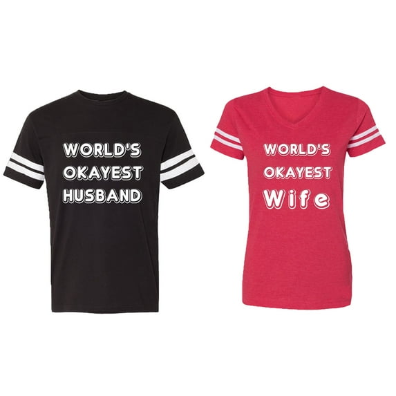 World Okyest Husband Wife Matching Couple Cotton Jerseys (Men Black / Women Red) (Men L / Women S)