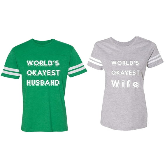 World Okyest Husband Wife Matching Couple Cotton Jerseys (Men Green / Women Heather) (Men XXL / Women S)