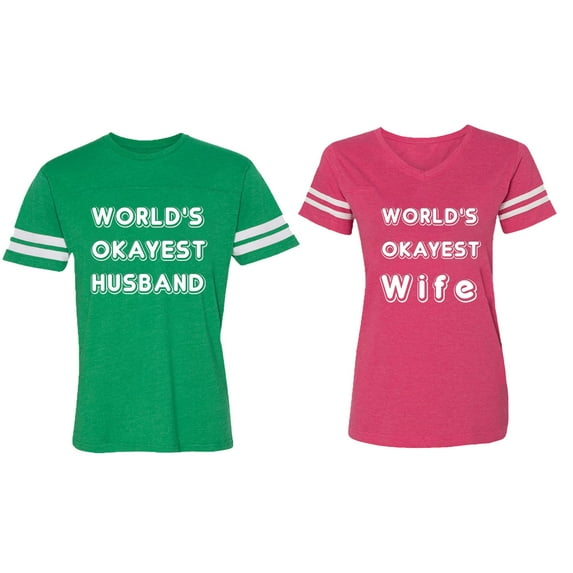 World Okyest Husband Wife Matching Couple Cotton Jerseys (Men Green / Women Pink) (Men XXL / Women M)