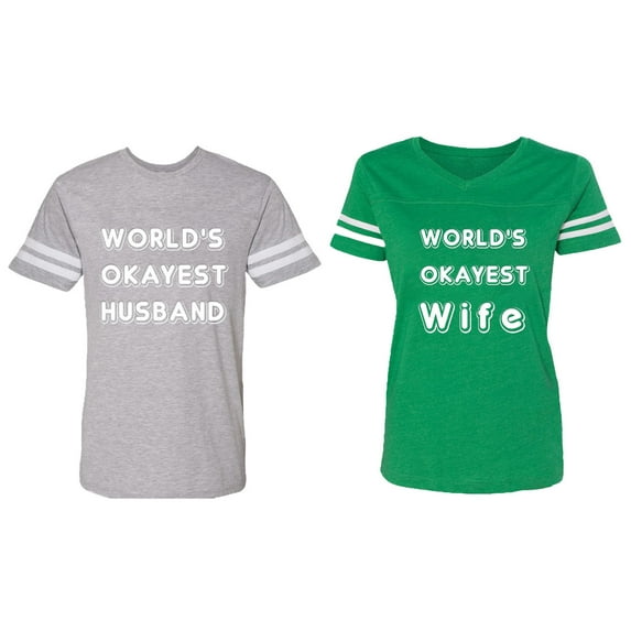 World Okyest Husband Wife Matching Couple Cotton Jerseys (Men Heather / Women Green) (Men S / Women XXL)