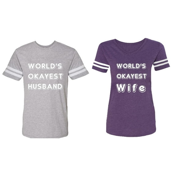 World Okyest Husband Wife Matching Couple Cotton Jerseys (Men Heather / Women Purple) (Men XXL / Women S)