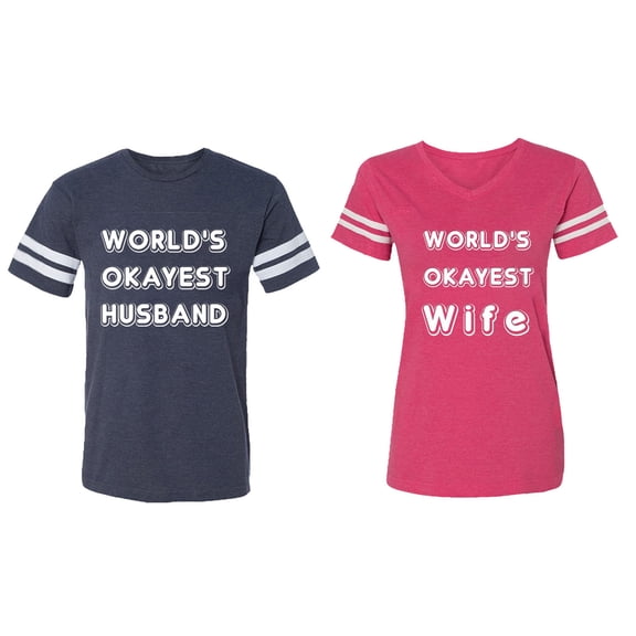 World Okyest Husband Wife Matching Couple Cotton Jerseys (Men Navy / Women Pink) (Men M / Women XXL)
