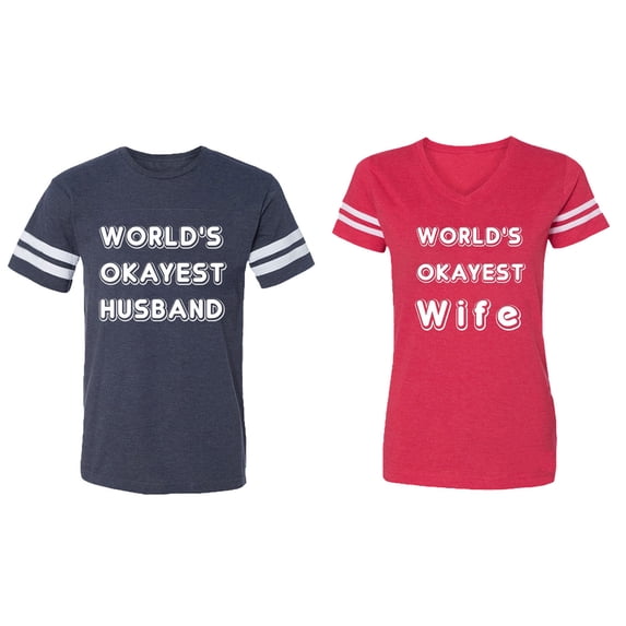 World Okyest Husband Wife Matching Couple Cotton Jerseys (Men Navy / Women Red) (Men L / Women XXL)