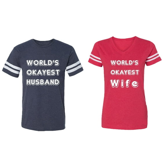 World Okyest Husband Wife Matching Couple Cotton Jerseys (Men Navy / Women Red) (Men XL / Women XL)