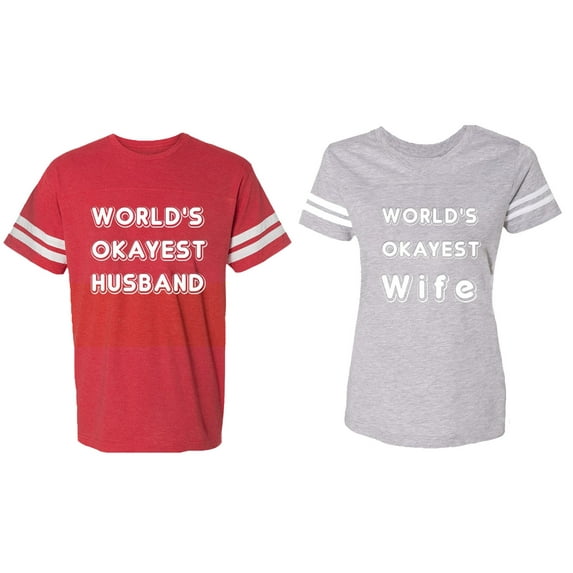 World Okyest Husband Wife Matching Couple Cotton Jerseys (Men Red / Women Heather) (Men L / Women M)